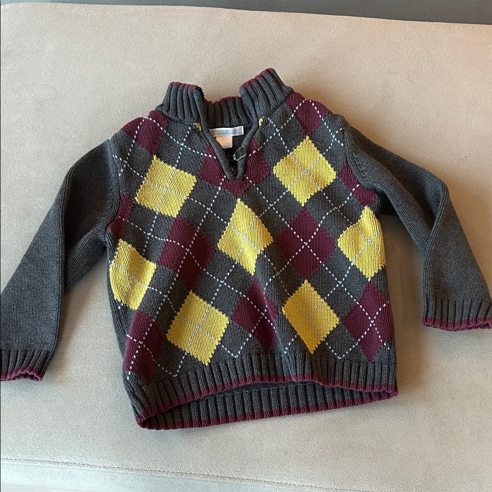 Janie and Jack Charcoal Sweater with Yellow and Burgundy Argyle